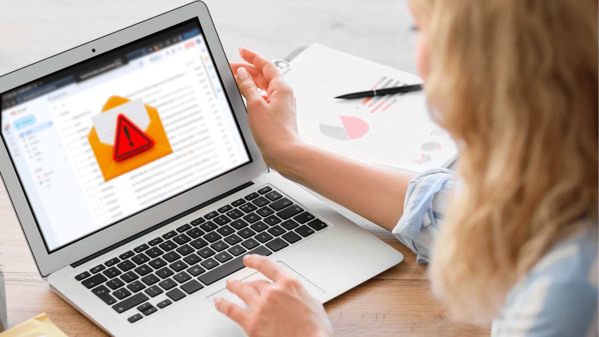 A woman checks her email on a laptop. The laptop displays a warning notice atop the email inbox.