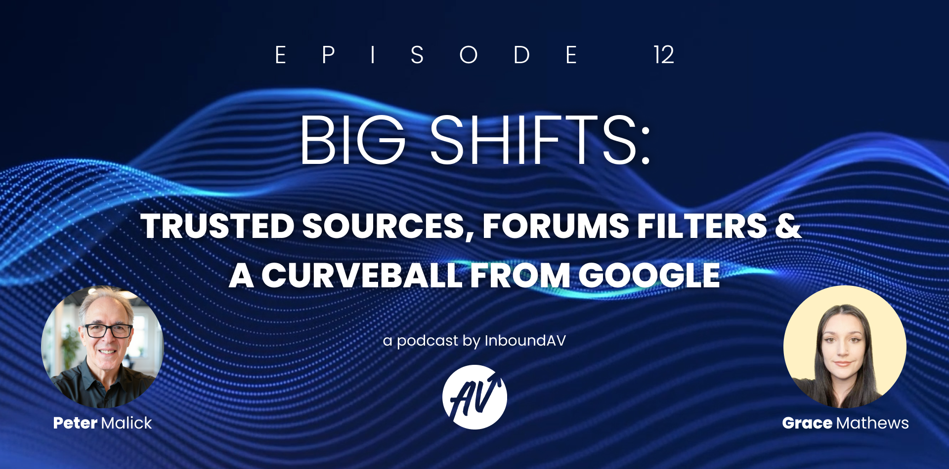 Podcast episode cover with the following text: Big Shifts: Trusted Sources, Forums Filter, and a Curveball From Google