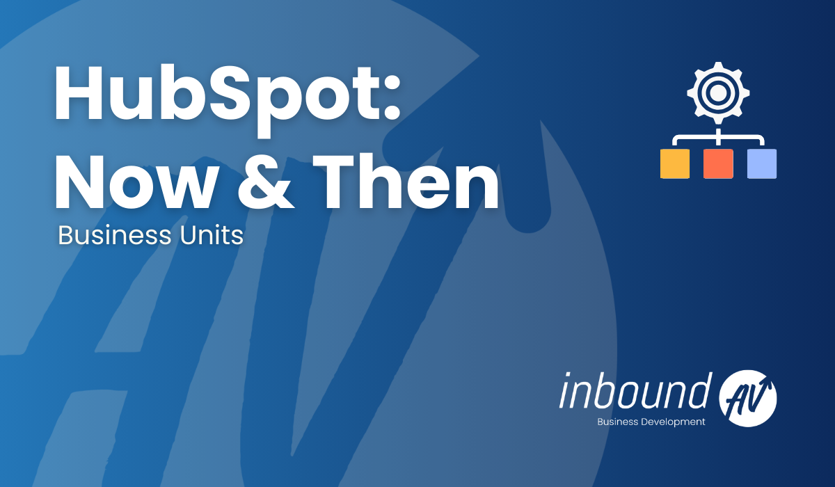 Header image with blue background, InboundAV logo, and text: HubSpot: Now and Then–Business Units.