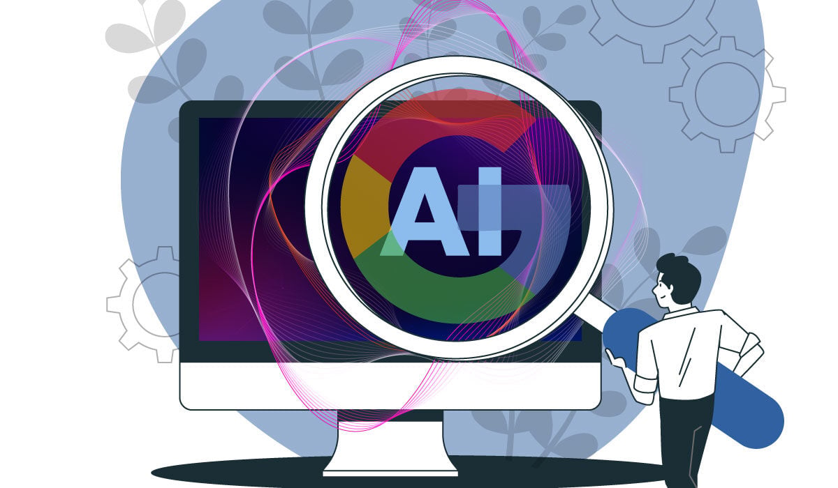Animated image of computer with a looking glass over it featuring the Google logo and the word "AI"