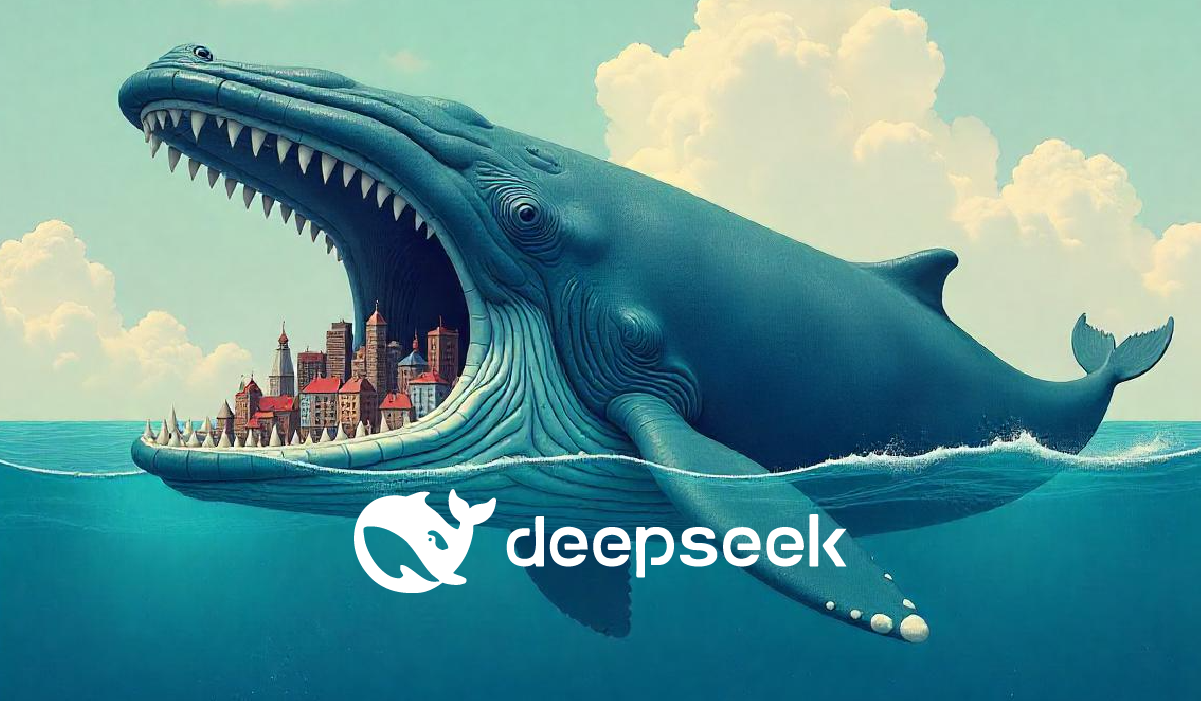 Pictured: Whale swallowing a city with DeepSeek logo overlaid.